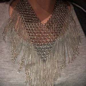 Silver Beaded Mesh Fringe Necklace